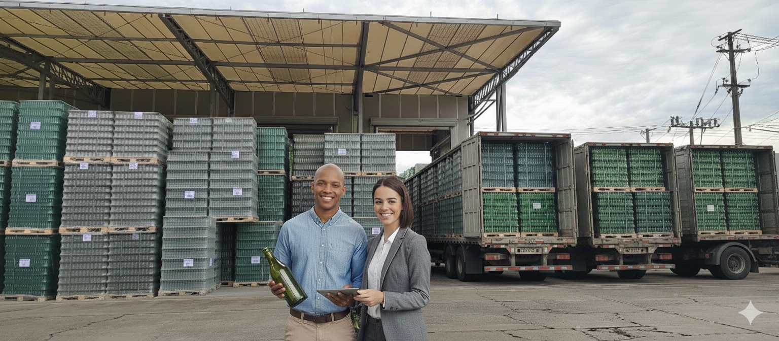 Dos personas posan frente a pallets